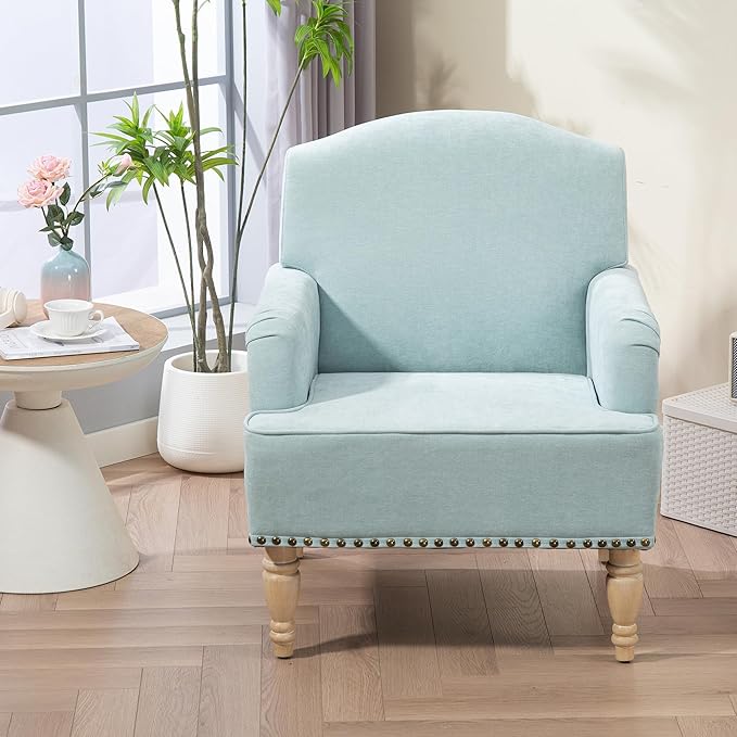 Modern Accent Chair with Retro Wooden Legs Nailhead Trim Small Fabric Club Chair Comfy Upholstered Armchair Lounge Chair for Bedroom Living Room Single SofaHolds 300lbs(Sage)