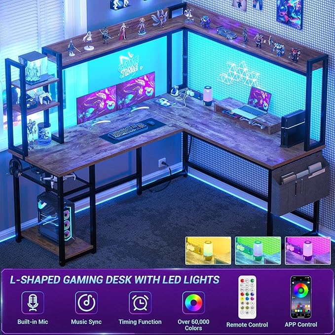 Aheaplus L Shaped Desk with Power Outlet L Shaped Gaming Desk with Led Light &amp Hutch Reversible Home Office Desk Corner Computer Desk Writing Desk with Monitor Stand &amp Storage Shelf Rustic