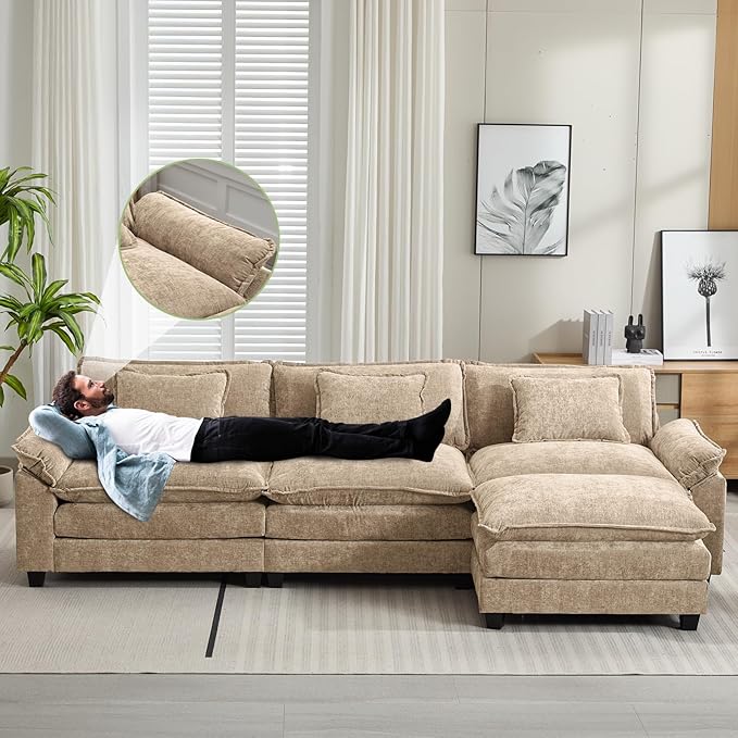 120 Modular Sectional Sofa Comfy Cloud Couch Sectional Sofa with Ottoman Chenille Sofa Sleeper Deep Seat Sofa with Throw Pillows for Living Room (Khaki 120- L Shape)