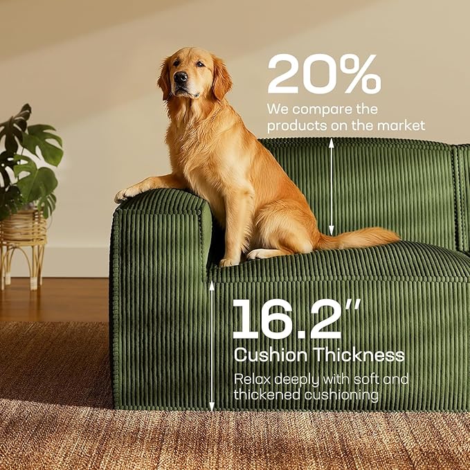 Marsail 111' Modular Sectional Sofa L-Shape Corduroy Cloud Couch with Deep Seat Freely Combinable Boneless Sofa for Living Room No Assembly Required Dark Green
