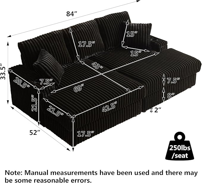 Aoowow 84 Corduroy Oversized 3-seater sofa with 2 Ottomans Modular Sectional Deep Seat Sofa with Back and Toss Pillows Modern Comfy Sofa with 2 Storage Spaces and Cup Grooves for Living Room Black