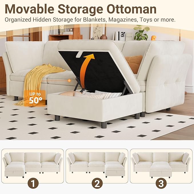 IDEALHOUSE 97 Modular Sectional Sofa L-Shaped Modular Couch with Storage 4-Seater Comfy Cloud Couch with Movable Ottoman Deep Seat Modern Sectional Couches for Living Room Bedroom Beige