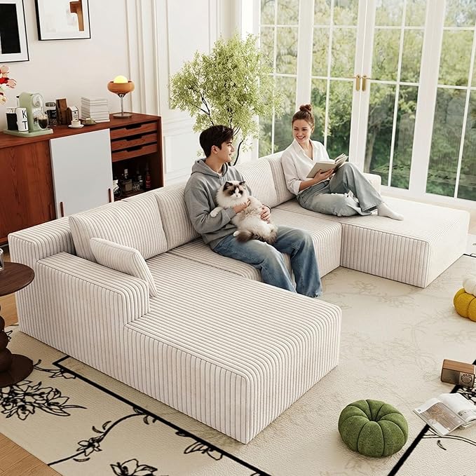 124 Corduroy U-Shaped Sectional Sofa Modern Modular Boneless 4-Seater Couch with 6 Pillows Upholstered Deep Seat DIY Cloud Sofa for Living Room No Assembly Required (White)