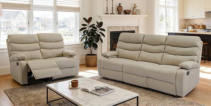 Reclining Couch Sofa Set Leather Recliner Couch Sofa and Loveseat Sets for Living Room RV Theater Seating(3 Seat Sofa+LoveseatBeige)
