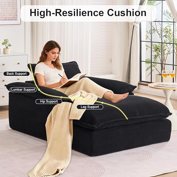 GNIXUU 67 Oversized Chaise Lounge Chair Indoor Corduroy Upholstered Boneless Sleeper Sofa Bed Comfy Large Reading Chair with Wide Armrests Plush Cloud Couch for Living Room Bedroom Black