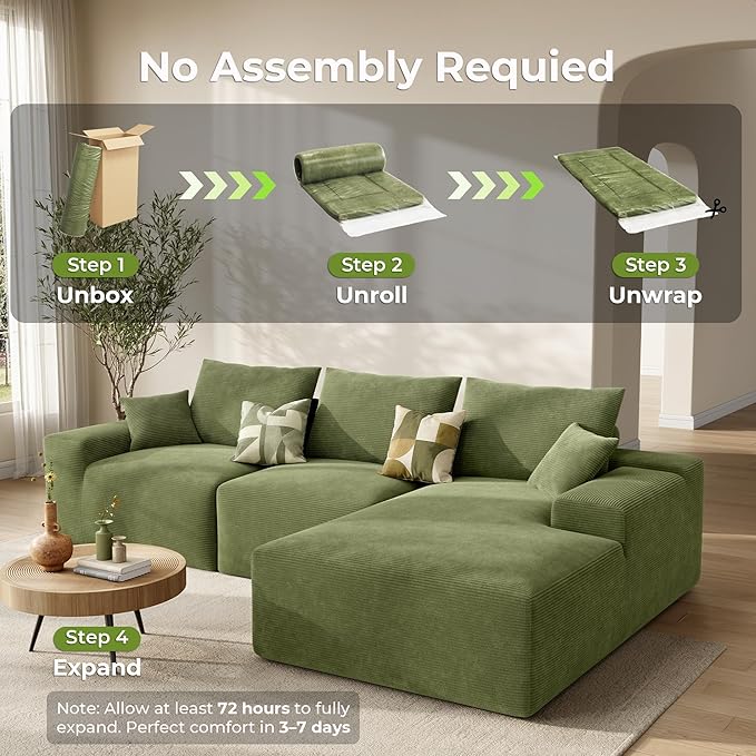 LIKIMIO 120 Modular Sectional Sofa Modern Boneless Cloud Couch Oversized 3-Seater Comfy Deep Seat L-Shaped with Chaise for Living Room No Assembly Required Corduroy Upholstery Green