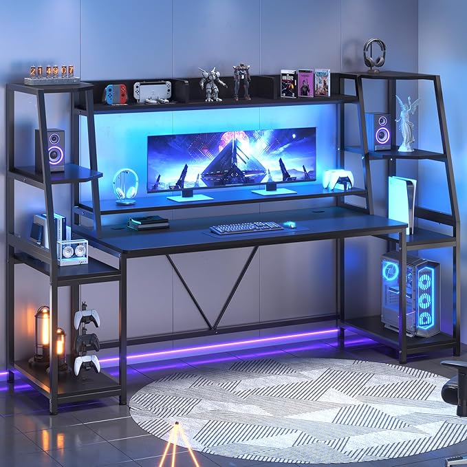 SEDETA Gaming Desk 78.8'' with LED Lights Hutch and Storage Shelves Computer Desk with Monitor Stand Large PC Gamer Desk Workstation Ergonomic Gaming Table for Bedroom Living Room Black