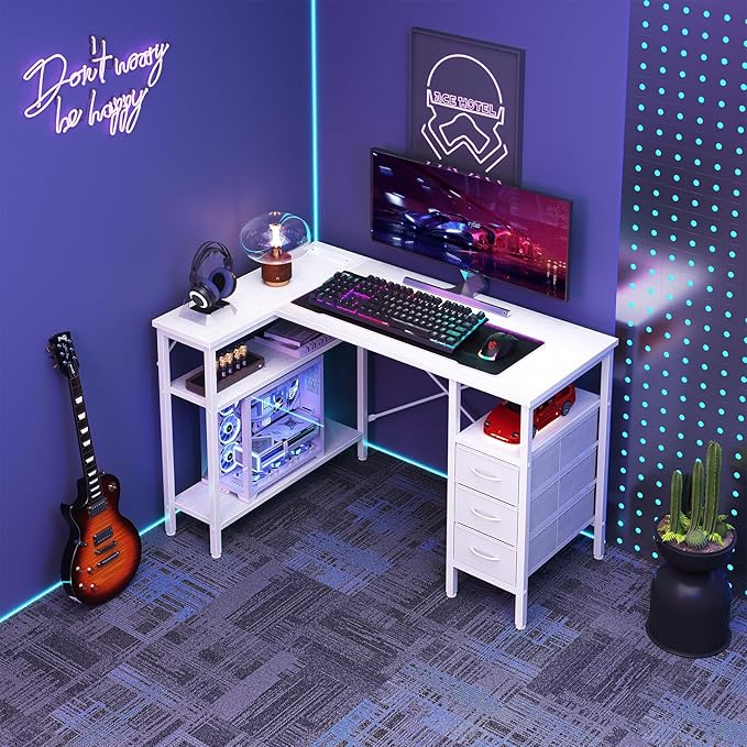 DUMOS L Shaped Desk with Shelf Drawers 47 Inch White Corner Computer Desks Gaming with Power Outlet Study Table with Adjustable Shelves Home Office Tables for Bedroom Teacher Reading Writing