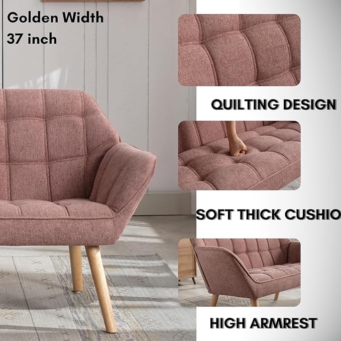 48”Small Loveseat Sofa Modern Linen Upholstered Mini Couch 2-Seater Fluffy Love Seat with Quilting Backs and Wood Legs for Small Space Living Room Bedroom Pink