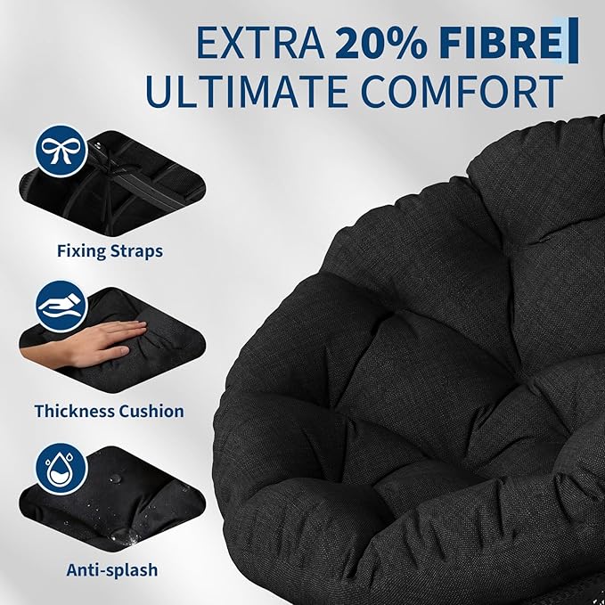 Garvee Papasan Chair 37 Ergonomic Wicker Papasan Chair with Extra-Thick Soft Fabric Cushion Heavy-Duty Steel Frame 360° Swivel Base for Living Room Bedroom &amp Reading Nook – All Black