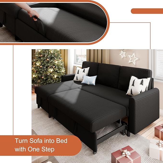 Vongrasig Pull Out Couch 2 in 1 Small Sofa Bed Sleeper Sofa with Storage 77 L Shaped Convertible Sofa with Storage Chaise for Living Room Apartment Black