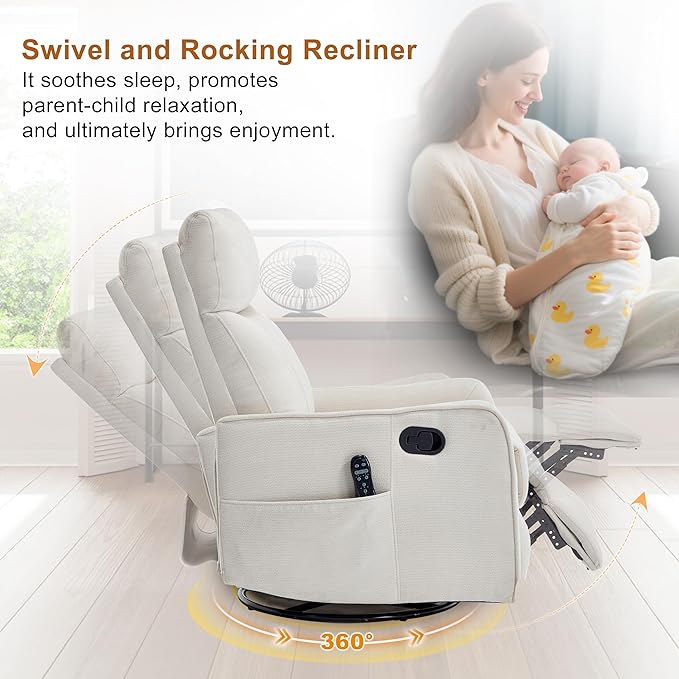 Manual Swivel Rocker Recliner Chair for Adults Overstuffed Glider Chair for Nursery with Massage and Heat Living Room Reclining Chair Fabric Beige