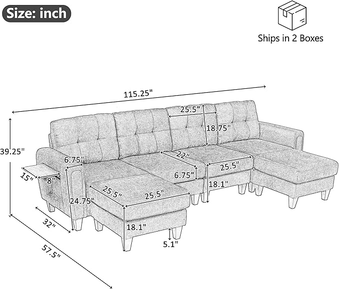 P PURLOVE Modern Sectional Sofa Couch Pull-Out Sofa Bed Versatile Sleeper with Two Movable Ottomans USB Ports and Side Tables for Living Room Apartment (Green)
