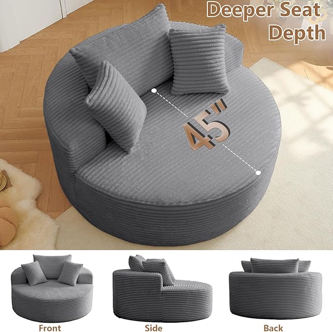 Oversized Round Chair Lounge Chaise Indoor Upholstered Corduroy Deep Seat Cloud Large Circle Sofa Chair No Assembly Required Fluffy Modern Sleeper Sofa Bed for Reading Living Room Dark Gray