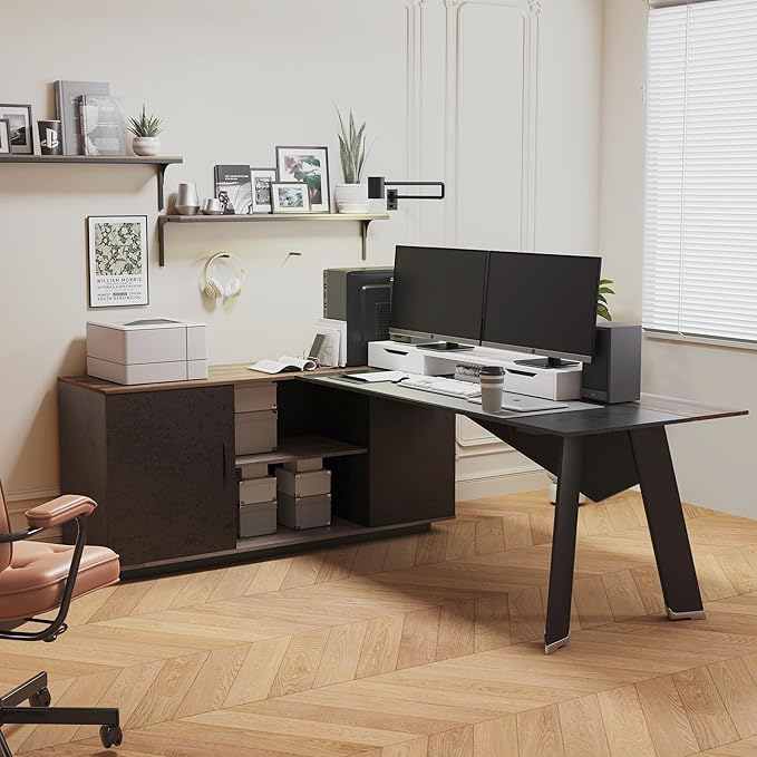 63 inches Executive Desk and 47 lateral File Cabinet L-Shaped Desk with Storage Shelves and Doors Modern Business Furniture DeskWriting Table Computer Desk for Home Office Brown and Black