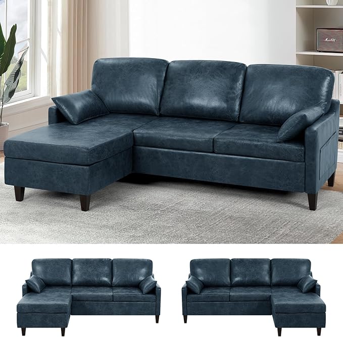 76 Sectional Sofa Couch w/Reversible Chaise Suede Leather L Shaped Sofa w/USB Charger Ports &amp Storage Bag Convertible Modern Couch w/Storage Space for Living Room Small Space Blue