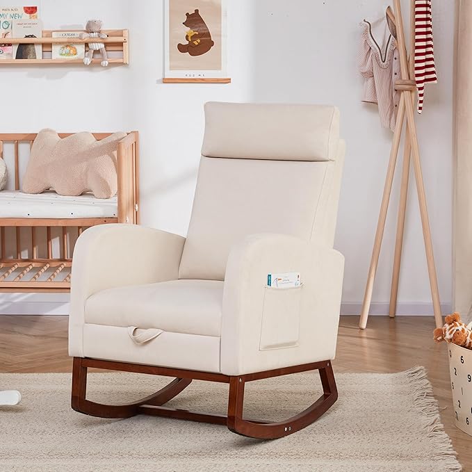 Rocking Chair with Foot Rest Ergonomic Nursery Chair with High Back Baby Glider Rocker Nursing Chair Accent Living Room (Linen Beige)