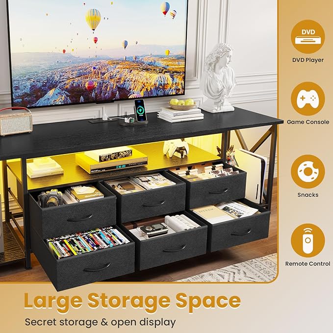 BTHFST TV Stand with LED Lights &amp Power Outlets for TVs up to 80 Inches 6 Fabric Drawers Entertainment Center with Open Storage Shelves 63 TV Media Console Table for Living Room Bedroom Blac