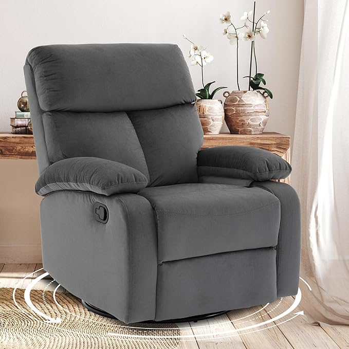 Swivel Rocker Recliner Rocking Small Reclines for Small Spaces Velvet Single Recliner Chair Sofa for Living Room Nursery Bedroom Dark Grey