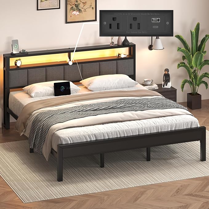 King Size Bed Frame with LED Lights and Charging Station Wood Storage Headboard with 2-Tier Shelves Heavy Duty Metal Slats No Box Spring Need Noise Free Easy Assembly Light Grey