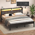 King Size Bed Frame with LED Lights and Charging Station Wood Storage Headboard with 2-Tier Shelves Heavy Duty Metal Slats No Box Spring Need Noise Free Easy Assembly Light Grey