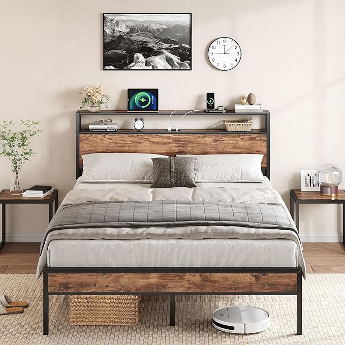Queen Bed Frame with USB Charging Station &amp Storage Headboard Modern Metal Platform Bed with Large Under Bed Space Noise Free Easy Assembly No Box Spring Needed Rustic Brown