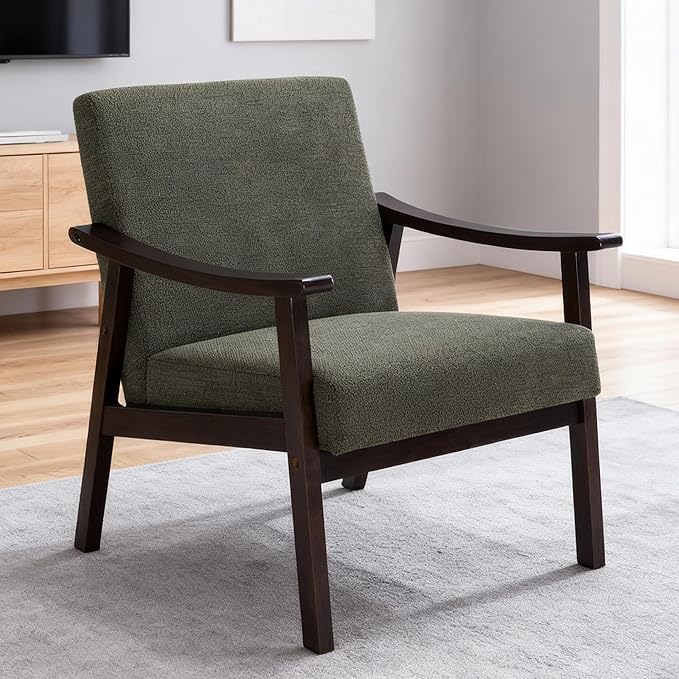 Corduroy Accent Chair Mid Century Modern Armchair Living Room Chairs with High Back Upholstered Lounge Chair with Solid Wood Frame &amp Soft Cushion for Bedroom Reading Room Olive Green