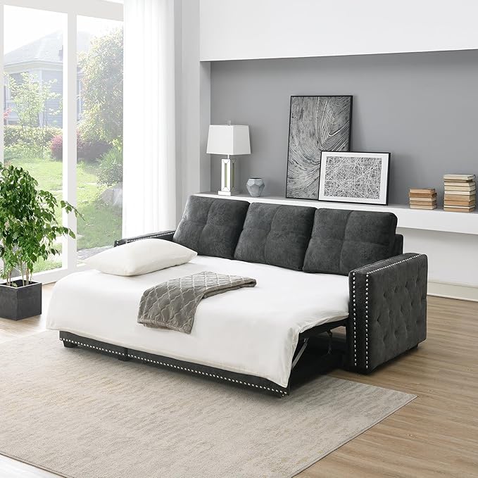 Morden Fort Pull Out Sofa Bed with Storage 91'' Oversized Sleeper Modular Sectional Comfy L-Shape Couch for Living Room Apartment Faux Leather Dark Grey