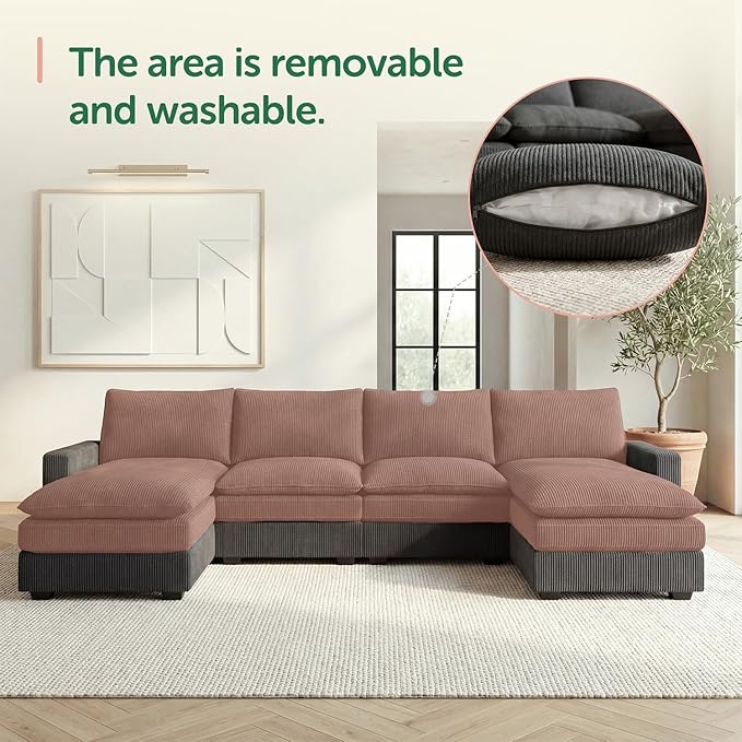 HONBAY 127.2 Inch Corduroy Cloud Modular Sectional Sofa with Chaise Deep Seat U-Shaped Couch with Storage for Living Room Apartment Small SpaceGrey