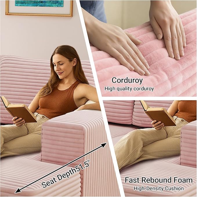 104 Cloud Sectional Sofa with L-Shaped Chaise Plush Corduroy FabricModern Modular CouchUpholstered Deep Seat for Living Room BedroomNo Assembly Required 3-Seater (Right Facing Chaise) Pink