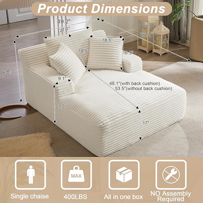 KEIKI 67 Oversized Chaise Lounge Chair Indoor Corduroy Upholstered Boneless Cloud Sofa Couch with Deep Seat Modern Sleeper Sofa Bed Reading Chair for Living Room Lounging No Assembly Required