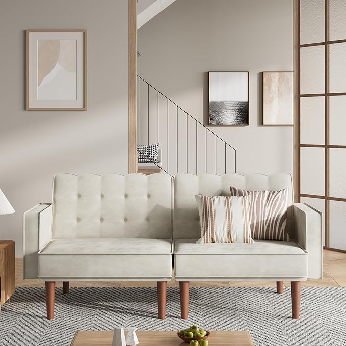 71 Velvet Futon Sofa Bed Versatile Loveseat Couch Sleeper Sofa with Adjustable Backrest Mid Century Modern Futon Couch for Small Space Living Room Office &amp Apartment Velvet Fabric Beige