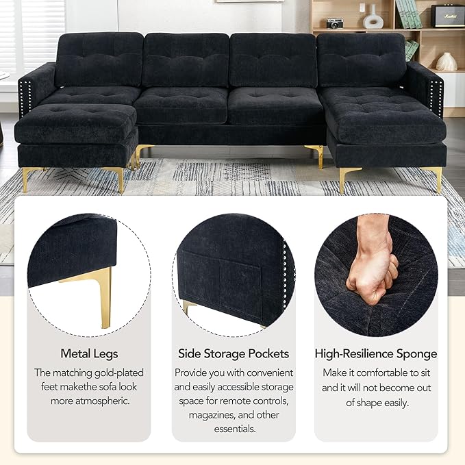 Merax Velvet L-Shape Sofa 4 Seat with Chaise and Movable Ottoman 110.6 Sofa Couch for Living Room Apartment Office (Black)