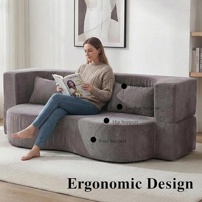 Convertible Sofa Bed 78'' Queen Size Folding Sleeper Sofa with Pillow 2-in-1 Teddy Fabric Boneless Loveseat Floor Couch &amp Mattress for Living Room Guest Room No Assembly Required (Grey)