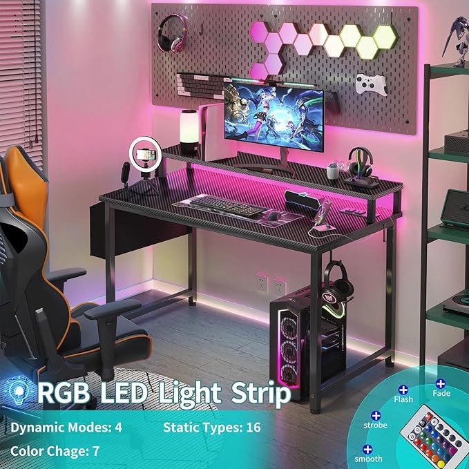 Lufeiya Gaming Desk with Power Outlets and LED Lights 40 Inch Gamer Desk Table with Charging Station Home Office Computer Desks with Monitor Black