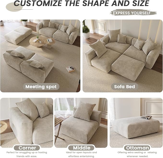 Modular Sectional Couch Sofa with 4 Pillows 102 L Shaped Sofa Couch with Chaise OttomansCorduroy Fabric Couches (Beige)