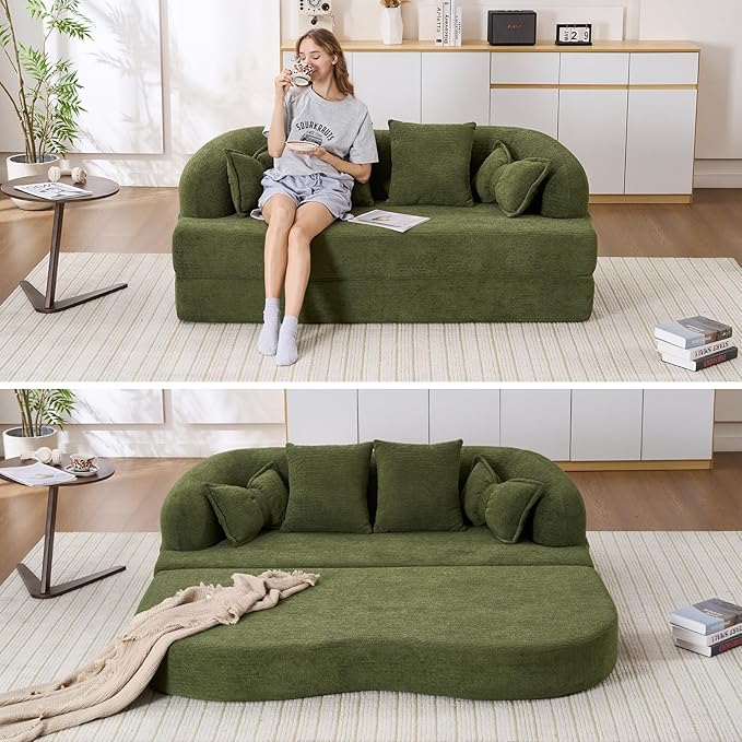 69.9 Folding Sofa Bed Full Sponge Convertible Sofa Bed with Wood Grain Chenille Fabric Easy to Carry Multi-Functional Guest Bed for Living Room Apartment Office