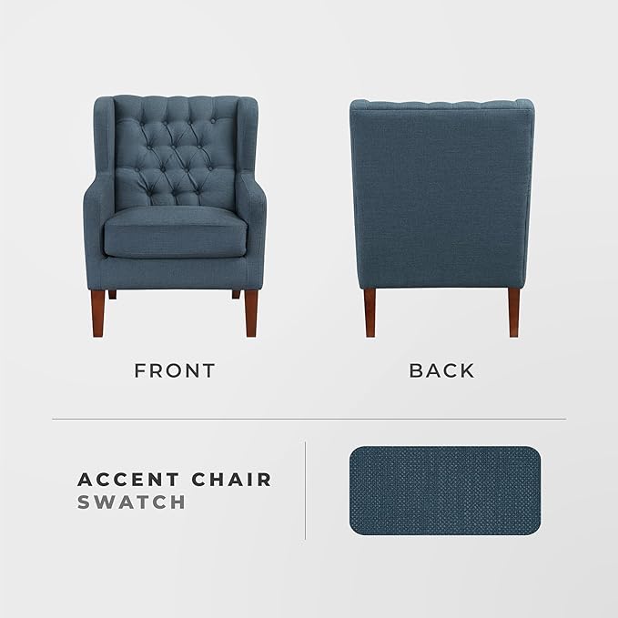 Lexicon Living Room Accent Chair Button Tufted Wingback Track Arm Reversible Seat Cushion Solid Wood Legs Textured Fabric Comfy Armchair for Bedroom/Office Easy Assembly Blue