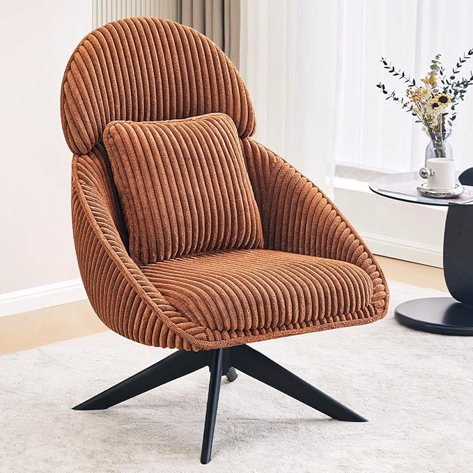 Furniliving Large Swivel Accent Chair Modern Arm Chair Sofa Chair with Pillow Living Room Chair Bedroom Chair with Headrest Comfy Desk Chair Upholstered Chairs for Rest Room Corduroy Orange