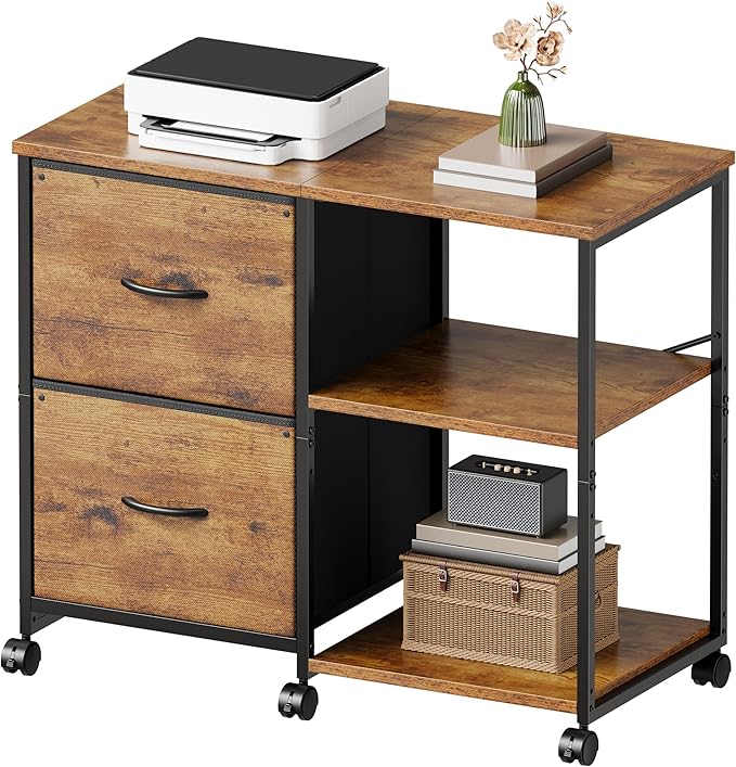 2-Drawer Fabric Lateral File Cabinet with Wheels Rolling Printer Stand with Open Storage Shelf for Home Office Rustic Brown