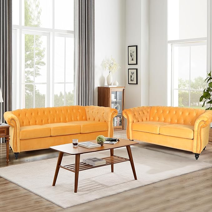 AVZEAR Chesterfield Loveseat Modern Velvet Sofa Tufted Couch 2 Seater with Scroll Arms and Nailhead for Living Room Bedroom Office Apartment Yellow