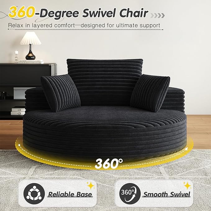 360-Degree Oversized Swivel Chair Modern Round Circle Corduroy Comfy Deep Seat Swivel Accent Chaise Lounge Sofa Chair with Back Cushion &amp 2 Throw Pillows for Living Room Bedroom Office Black