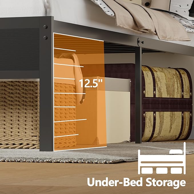 Furnulem Full Size Bed Frame with LED Light and Charging Station Wood Storage Headboard with 2-Tier Shelves Metal Platform Bed with Heavy Duty Slats Support No Box Spring Needed Black Oak