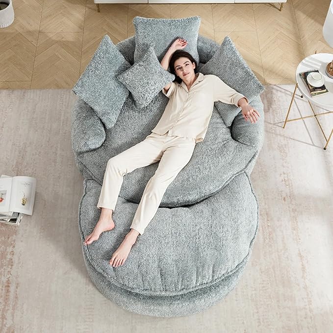 Oversized Fluffy Chenille Lounge Sofa - Extra Deep Seat Cozy Reading Circle Couch for Living Room | Indoor Lounge &amp Oversized Round Accent Design (Blue Gray - with Ottoman)