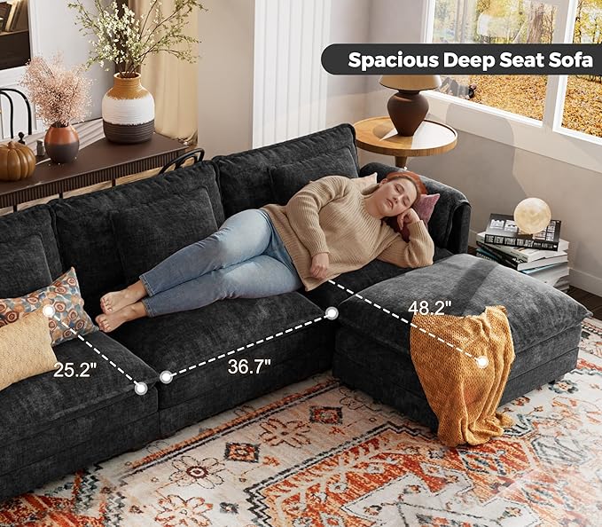 ELUCHANG Oversized 150 Modular Sectional Sofa Comfy Cloud Couch U Shaped Deep Seat Sofa Couches for Living Room 7-Seater Modern Sofa with Movable Ottoman DIY Combination - Chenille Black | Easy t