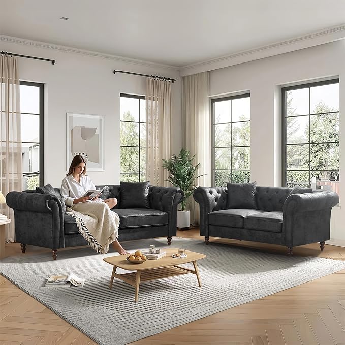 TTK Chesterfield Faux Leather Fabric Sofa Set 2-Seater Loveseat + 3-Seater Couch Combo Upholstered Tufted Rolled Arm Mid Century Modern Sofa Set for Living Room Office Apartment Black