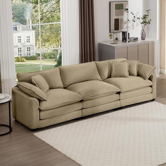 Aoowow Corduroy 3 Seater Sofa CouchModern Large Cloud Couches for Living RoomModular Sectional Cloud Sofas with Deep SeatOversized Tufted 3 Seat Sofa Set. (Tan 3 Seater)