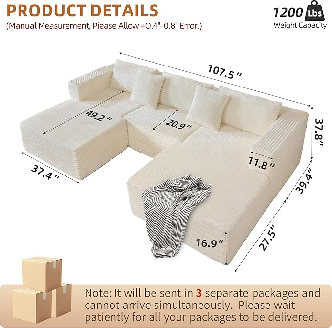 110 Modular Sectional Boneless Sofa with 2 Ottomans Corduroy U-Shaped Modular Sectional Sofa Convertible Cloud Couch with Deep Seats No Assembly Required (White 110 3Seat+2 0ttoman)