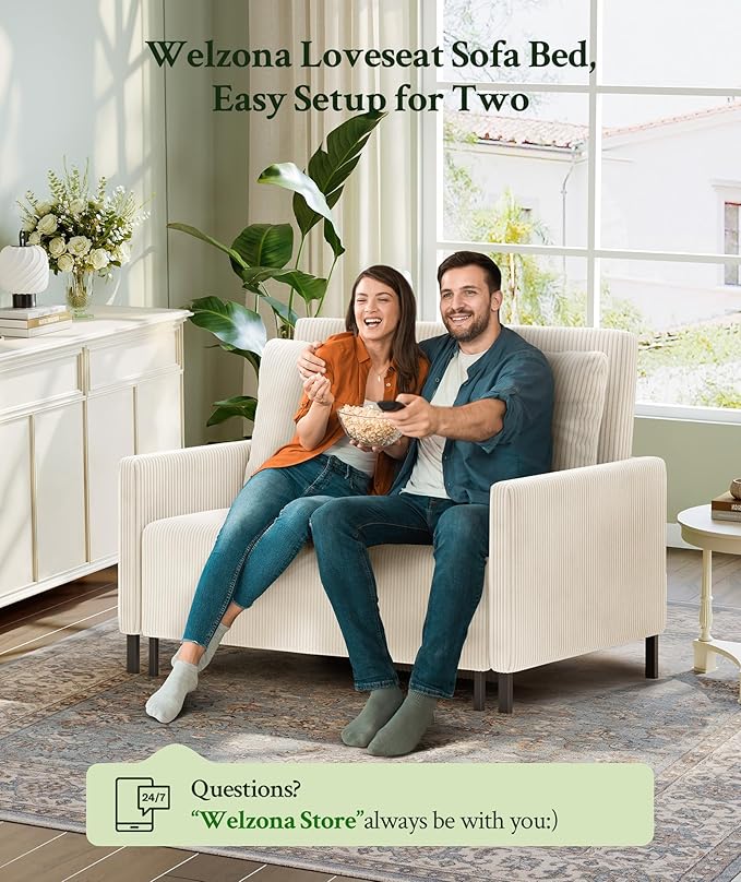 47.2 Convertible Sofa Bed Couch Comfy Corduroy Couch Bed All in 1 Loveseat Sleeper Sofa Love Seat Sleeper Bed 2 Pillows Modern Couches for Living Room/Apartment/Home/Office Cream White