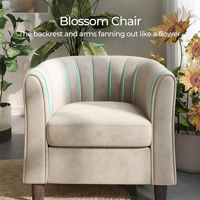 LINSY Accent Chair with Ottoman Modern Barrel Chair Small Armchair Reading Chair with Footrest Comfy Round Arms Chair for Living Room Bedroom Reading Room Velvet Beige